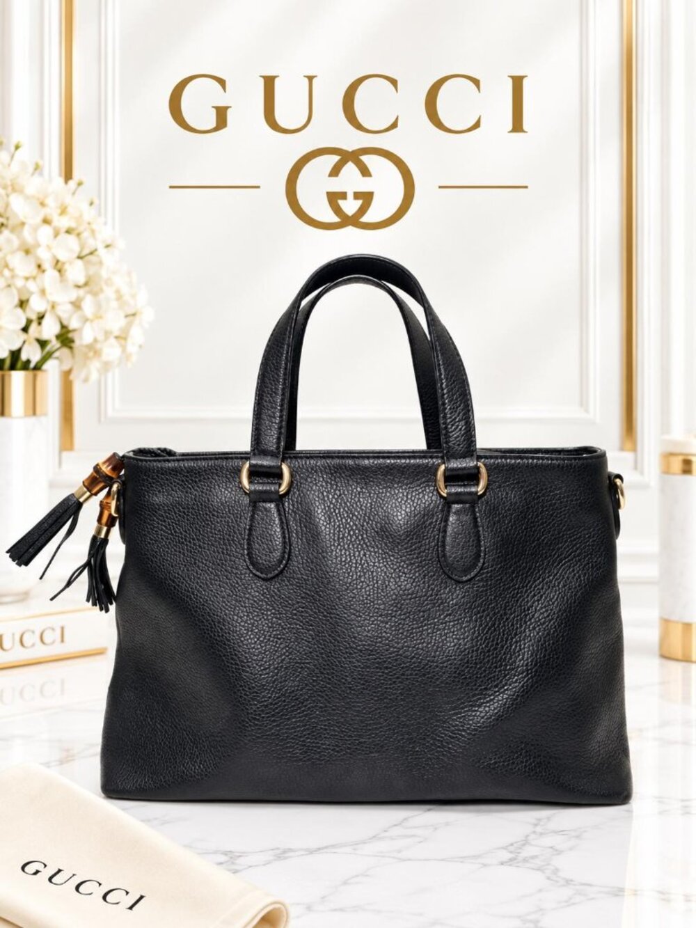 Authentic Gucci Black Leather Tote Bag Bamboo Tassel Crossbody Satchel Gold Hard